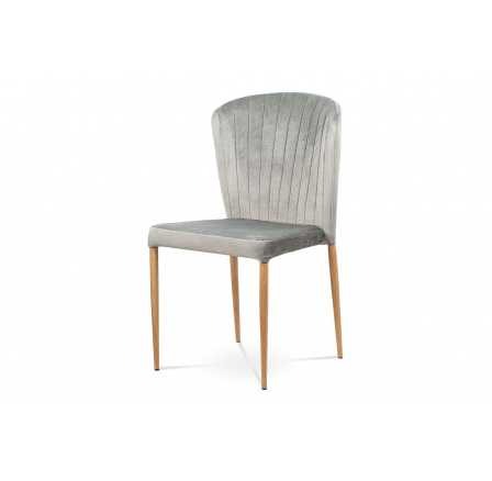 Jedálenská stolička, strieborná zamatová látka, kovová podnož, 3D dekor dub