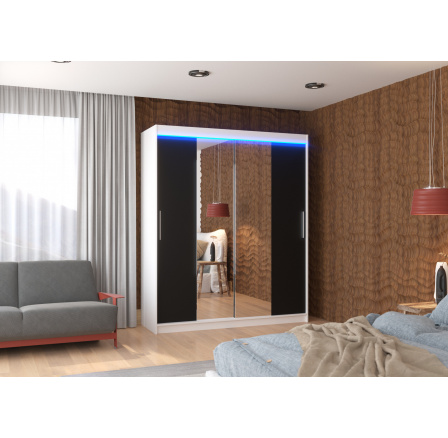 Posuvná skriňa so zrkadlom a LED osvetlením DALLAS 180 Biela+Čierna