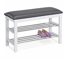 Regál na topánky / taburetka, 2 police, sivé čalúnenie z ekokože, masívne drevo z kaučukovníka, biely lak