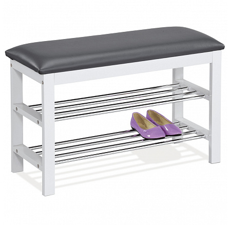 Regál na topánky / taburetka, 2 police, sivé čalúnenie z ekokože, masívne drevo z kaučukovníka, biely lak Regál na topánky / taburetka, 2 police, sivé čalúnenie z ekokože, masívne drevo z kaučukovníka, biely lak