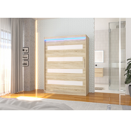 Posuvná skriňa s lacobelom a LED osvetlením MARTINEZ 150 Sonoma+Biely Lacobel Posuvná skriňa s lacobelom a LED osvetlením MARTINEZ 150 Sonoma+Biely Lacobel
