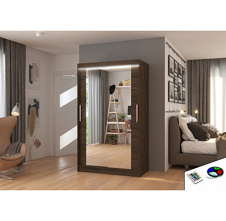 Posuvná skriňa so zrkadlom a LED osvetlením TIBAGO 120 Choco+Choco Posuvná skriňa so zrkadlom a LED osvetlením TIBAGO 120 Choco+Choco