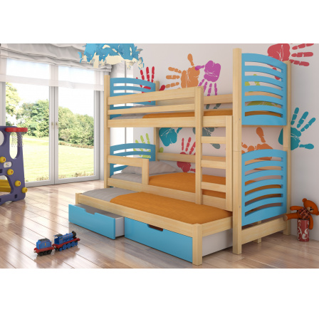 Poschodová posteľ s tromi lôžkami a matracmi SORIA Pine+Blue