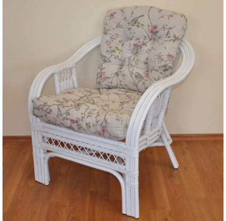 Ratanové kreslo Rio De Janeiro biele - vankúš s motívom vtákov