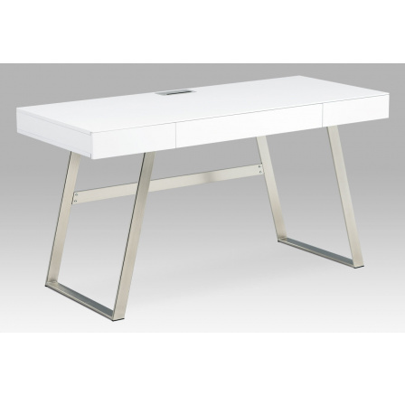 Kancelársky stôl 140x60, MDF, biely matný lak, brúsený nikel, 3 zásuvky