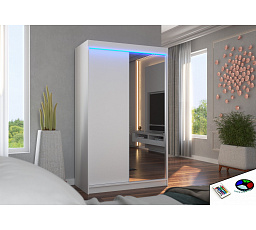 Šatní skriňa s posuvnými dverami, zrkadlom a LED osvetlením REWENA 120 Biela+Biela