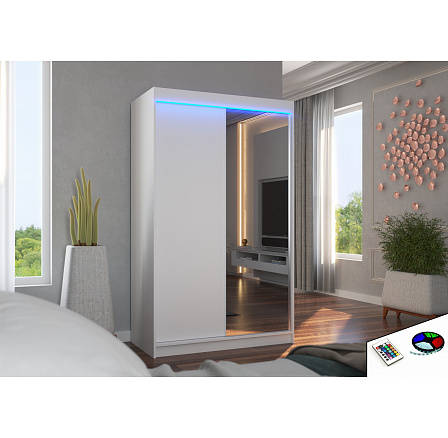 Šatní skriňa s posuvnými dverami, zrkadlom a LED osvetlením REWENA 120 Biela+Biela