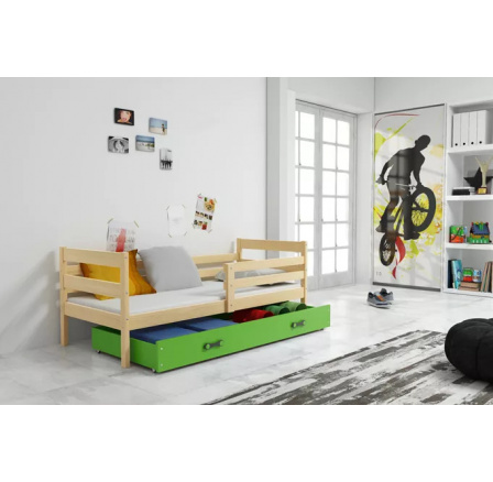 Detská posteľ ERYK 90x200 cm so zásuvkou, s matracom, Prírodná/Zelená Detská posteľ ERYK 90x200 cm so zásuvkou, s matracom, Prírodná/Zelená