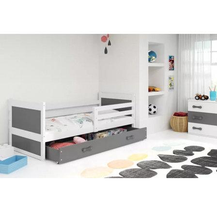 Detská posteľ RICO 90x200 cm so zásuvkou, s matracom, Biela/Grafit Detská posteľ RICO 90x200 cm so zásuvkou, s matracom, Biela/Grafit