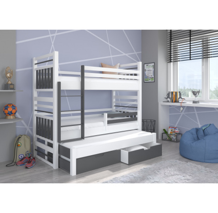 Trojposchodová posteľ s matracmi HIPPO 180x80 Biela+Sivá