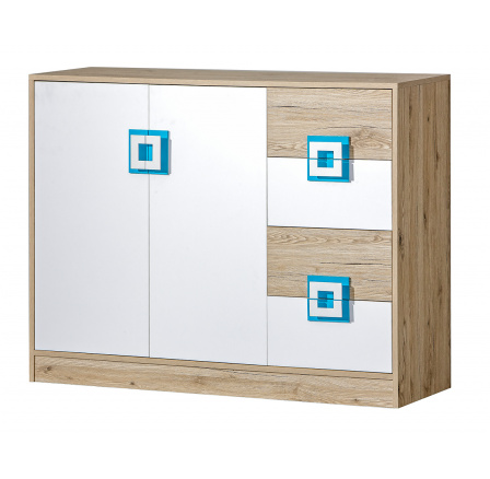 Komoda NICO 08, Svetlý Dub/Biela/Tyrkysová