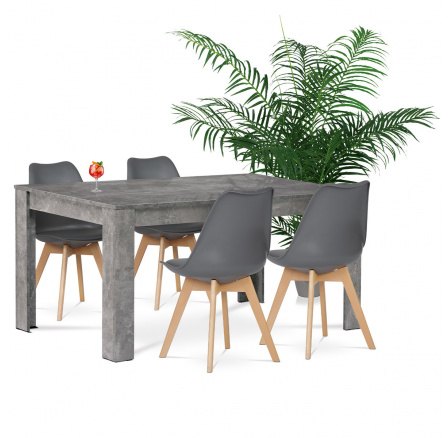 Jedálenský set 1+4, stôl 160x90 cm, MDF, dekor betón, stoličky sivý plast, sivá ekokoža, masívne bukové nohy, prírodný odtieň