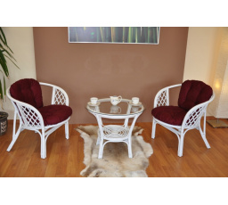 Ratanová pohovka Bahama biela 2+1, bordové vankúšiky