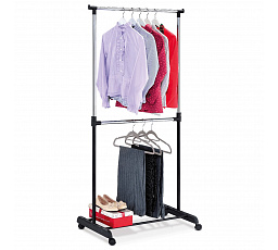 Dvojramenný stojan na šaty s úložným priestorom, čierny, kov / plast, chróm