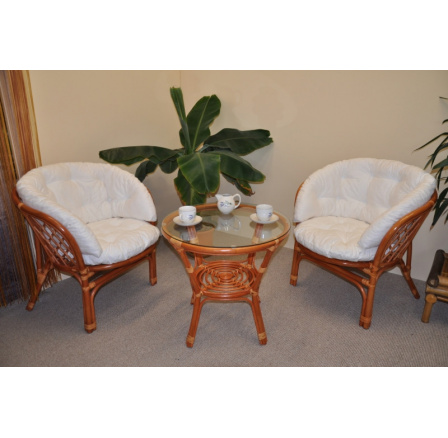 Ratanová sedacia súprava Bahama koňak 2+1, biele vankúšiky MAXI