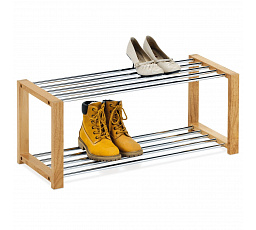 Stojan na topánky, 2 kovové chrómové police, masívne kaučukové drevo, prírodný odtieň