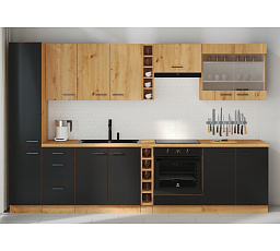 Kuchynská linka MODENA – 3,15 m, Dub Artisan/Čierny mat + Dub Artisan