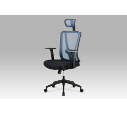 Kancelárska stolička, čierna MESH+modrá sieťovina, plastový kríž, synchrónny mechanizmus
