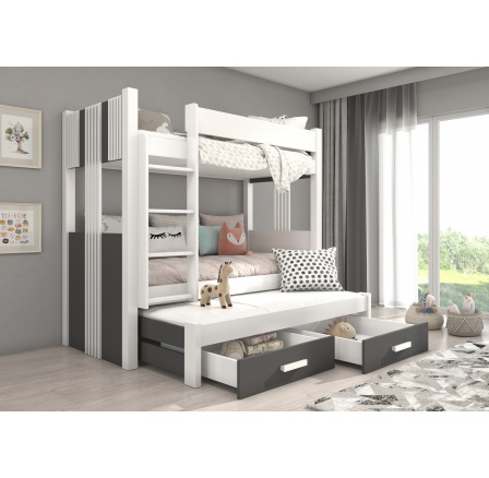 Trojlôžková poschodová posteľ s matracmi ARTEMA 180x80 Biela+Antracit Trojlôžková poschodová posteľ s matracmi ARTEMA 180x80 Biela+Antracit