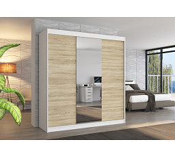 Šatní skriňa s posuvnými dverami a zrkadlom SANTIAGO 200 Biela+Sonoma