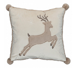 Polštář s výplní - s jelenem, hnědý, s pompóny, 100% polyester, 45 x 45 cm