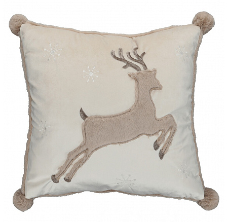 Polštář s výplní - s jelenem, hnědý, s pompóny, 100% polyester, 45 x 45 cm