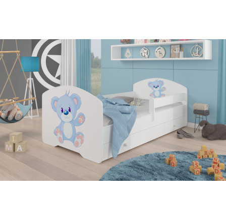 Posteľ s matracom, zábranou a šuplíkom PEPE BLUE BEAR 140x70 Biela