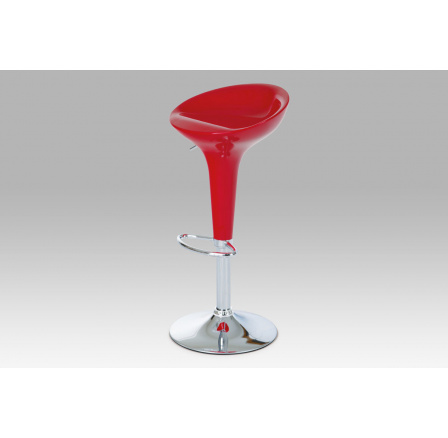 Barová stolička, červený plast, chrómová základňa, nastaviteľná výška