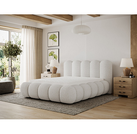 Posteľ Oloroso 140x200 s kovovým rámom a úložným priestorom, biela bouclé Royal 01 1 Posteľ Oloroso 140x200 s kovovým rámom a úložným priestorom, biela bouclé Royal 01 1
