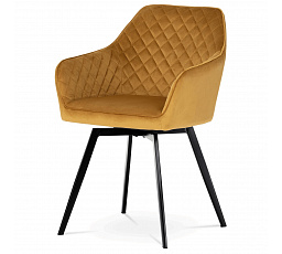 Jedálenská stolička, žlté zamatové čalúnenie, kovové nohy, čierny matný lak