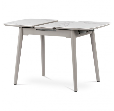 Jedálenský stôl 110+30x75 cm, biela mramorová keramická doska, masívne drevo, sivý vysoký lesk