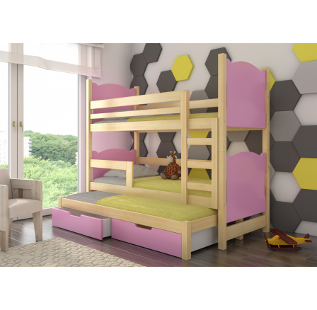Trojposchodová posteľ s matracom LETICIA Pine+Pink