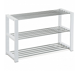 Stojan na topánky, 3 kovové chrómové police, masívne kaučukové drevo, biely matný lak