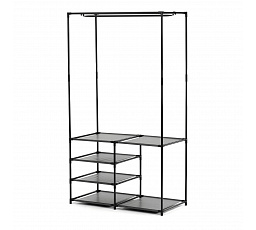 Stojan na šaty dvojramenný so štyrmi policami, čierna farba, kov / plast, chróm