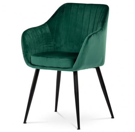 Jedálenská stolička, zelené zamatové čalúnenie, kovové nohy, čierny matný lak