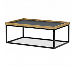 Konferenčný stolík, vrchná doska z MDF sivá s ozdobným okrajom divoký dub, čierny kov.