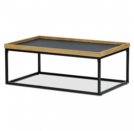 Konferenčný stolík, vrchná doska z MDF sivá s ozdobným okrajom divoký dub, čierny kov.