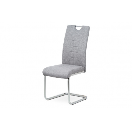 Jedálenská stolička, strieborná látka, pochrómovaná kovová podnož