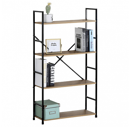 Regál, 4 police, dekor dub, MDF, čierny lak