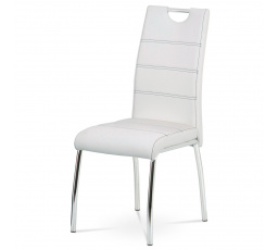 Jedálenská stolička, biele čalúnenie z ekokože, čierne prešívanie, štvornohá pochrómovaná kovová podnož