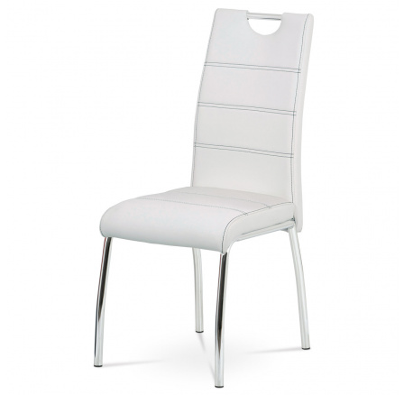 Jedálenská stolička, biele čalúnenie z ekokože, čierne prešívanie, štvornohá pochrómovaná kovová podnož