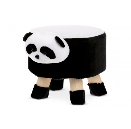Taburette - panda, kombinácia čiernej a bielej tkaniny z mikroflísu, masívne nohy z kaučukového dreva
