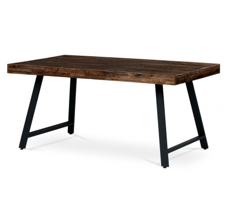 Jedálenský stôl, 160x90x76 cm, vrchná doska MDF, borovicová dyha, kovové nohy, čierny lak