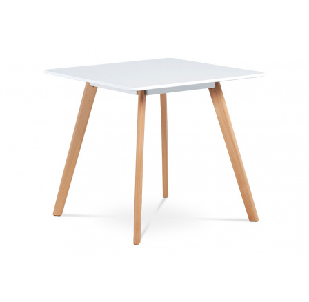 Jedálenský stôl 80x80 cm, MDF, biely matný lak, masívny buk, prírodný odtieň