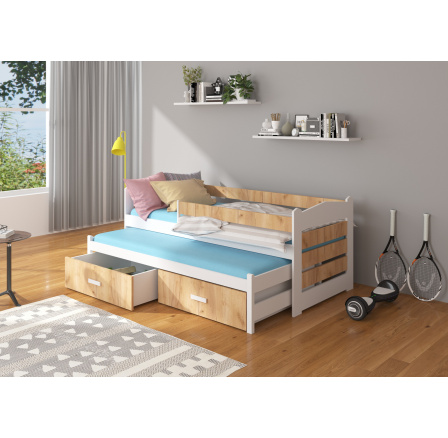 Dvojlôžko s bariérkou a matracmi TIARRO 180x80 Biela+Dub Zlatý