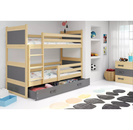 Detská poschodová posteľ RICO so zásuvkou 90x200 cm, bez matraca, Prírodná/Grafit