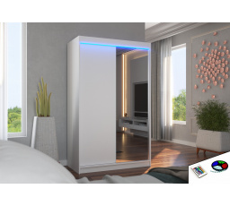 Šatní skriňa s posuvnými dverami, zrkadlom a LED osvetlením REWENA 120 Biela+Biela