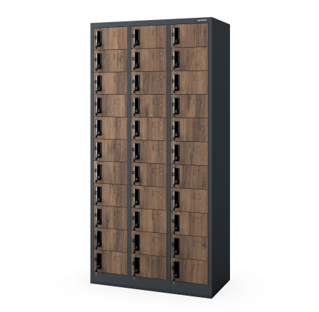Plechová uzamykateľná šatníková skrinka OLIVER, 900 x 1850 x 450 mm, Eco Design: antracitová/orech Plechová uzamykateľná šatníková skrinka OLIVER, 900 x 1850 x 450 mm, Eco Design: antracitová/orech