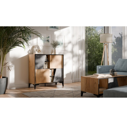 Regál OVO 4D, betón tmavý/ starý dub