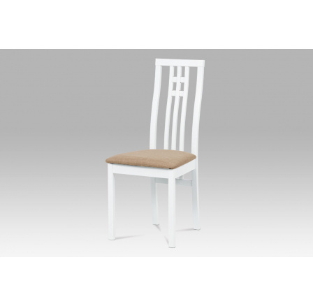 Jedálenská stolička, masívne bukové drevo, biela farba, béžové látkové čalúnenie